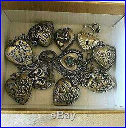 11 Victorian Sterling Silver Puffy Heart Charms Locket Padlock Key Turquoise Lot
