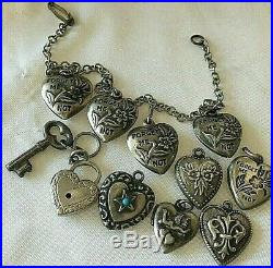 11 Victorian Sterling Silver Puffy Heart Charms Locket Padlock Key Turquoise Lot