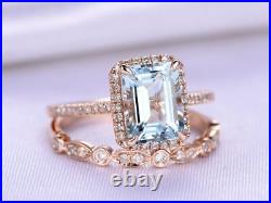 14K Rose Gold Over 3Ct Emerald Cut Simulated Aquamarine Diamond Bridal Halo Ring