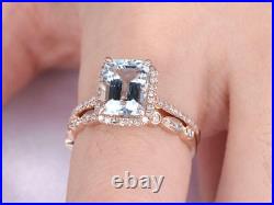 14K Rose Gold Over 3Ct Emerald Cut Simulated Aquamarine Diamond Bridal Halo Ring