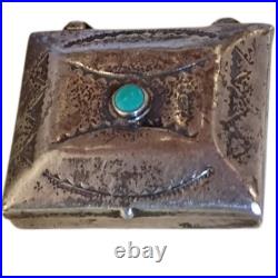 1930s Navajo Kingman Turquoise Sterling Silver Lidded Box Hand Stamped Design