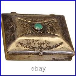 1930s Navajo Kingman Turquoise Sterling Silver Lidded Box Hand Stamped Design
