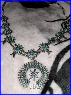 1940s Zuni Native American Petit Point Squash Blossom Turquoise Sterling Silver
