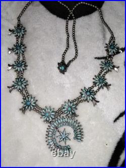 1940s Zuni Native American Petit Point Squash Blossom Turquoise Sterling Silver