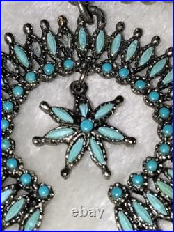 1940s Zuni Native American Petit Point Squash Blossom Turquoise Sterling Silver