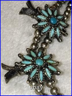 1940s Zuni Native American Petit Point Squash Blossom Turquoise Sterling Silver