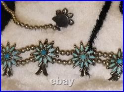 1940s Zuni Native American Petit Point Squash Blossom Turquoise Sterling Silver