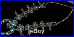 1950s OLD PAWN Navajo BLUE GEM TURQUOISE Sterling Silver Squash Blossom Necklace