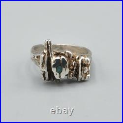 1970s Sterling Silver Turquoise Accent Nugget Brutalist LOVE Ring Sz 6 3.9g