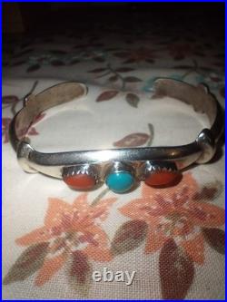 23 gram Sz 5.5 Tom H Begay Signed Sterling Silver/ Turquoise/ Coral Cuff