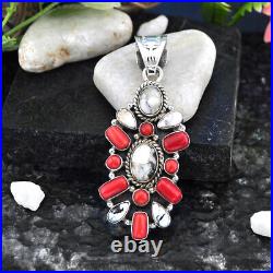 24.24cts White Buffalo Turquoise Coral 925 Sterling Silver Pendant Jewelry 5063