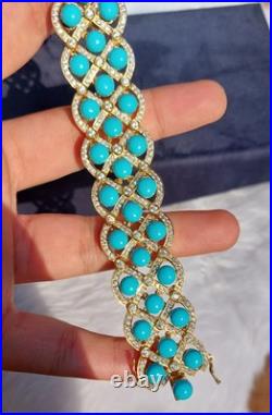26.85 Carat Turquoise & Diamond Luxury Flower Wide Bracelet 18K Yellow Gold Over