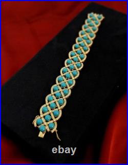 26.85 Carat Turquoise & Diamond Luxury Flower Wide Bracelet 18K Yellow Gold Over
