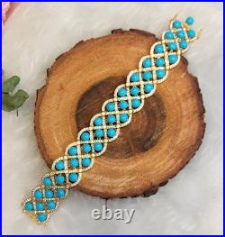 26.85 Carat Turquoise & Diamond Luxury Flower Wide Bracelet 18K Yellow Gold Over
