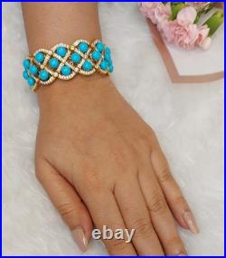 26.85 Carat Turquoise & Diamond Luxury Flower Wide Bracelet 18K Yellow Gold Over