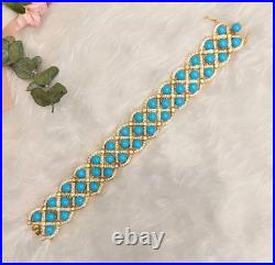 26.85 Carat Turquoise & Diamond Luxury Flower Wide Bracelet 18K Yellow Gold Over
