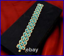 26.85 Carat Turquoise & Diamond Luxury Flower Wide Bracelet 18K Yellow Gold Over