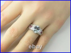 2Ct Aquamarine Diamond & Pink Tourmaline Estate Wedding Ring 14K White Gold Over
