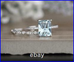 2Ct Emerald Cut Aquamarine Engagement Bridal Ring Set14k White Gold Finish