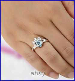 2Ct Oval Cut Aquamarine Diamond Bridal Set Engagement Ring 14K Rose Gold Finish