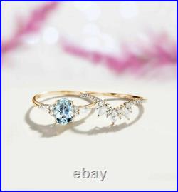 2Ct Oval Cut Aquamarine Diamond Bridal Set Engagement Ring 14K Rose Gold Finish