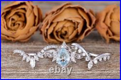 2Ct Pear Cut Lab Created Aquamarine Engagement Bridal Ring 14K White Gold Plated