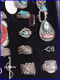 2.10lbs. Mostly Silver & Turquoise Coins 10ct. 14ct. Untested Native Rings Jewelry