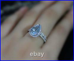 2.20Ct Pear Cut Aquamarine Diamond Bridal Engagement Ring 14K White Gold Finish