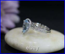 2.20Ct Pear Cut Aquamarine Diamond Bridal Engagement Ring 14K White Gold Finish
