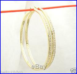 2 3/4 Channel Set Diamonique CZ Hoop Earrings 14K Yellow Gold Clad 925 Silver