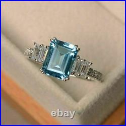 2.50CT Emerald Cut Simulated Aquamarine Solitaire Ring 14K White Gold Plated