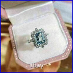 2.50Ct Emerald Cut Lab Created Aquamarine Halo Ring 14k White Gold Plated Silver