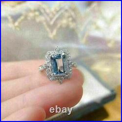 2.50Ct Emerald Cut Lab Created Aquamarine Halo Ring 14k White Gold Plated Silver