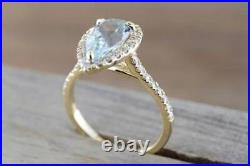 2.5ct Marine Blue Aquamarine Engagement Ring Natural Design Yellow Gold Jewelry