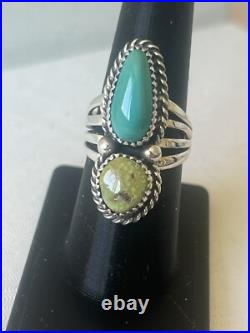 2 stone Natural Morenci Turquoise Sterling Silver Sz8 Navajo Avin Joe R0251