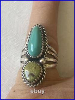 2 stone Natural Morenci Turquoise Sterling Silver Sz8 Navajo Avin Joe R0251