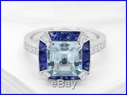 2ct Asscher Cut Blue Aquamarine Art Deco Engagement Ring 14k White Gold Finish