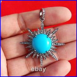 36mm Turquoise Gemstone Pendant, 925 Sterling Silver Pave Diamond Fine Jewelry 36mm Turquoise Gemstone Pendant, 925 Sterling Silver Pave Diamond Fine Jewelry