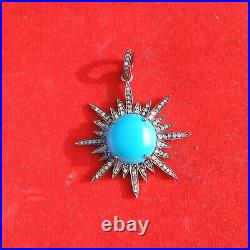 36mm Turquoise Gemstone Pendant, 925 Sterling Silver Pave Diamond Fine Jewelry 36mm Turquoise Gemstone Pendant, 925 Sterling Silver Pave Diamond Fine Jewelry