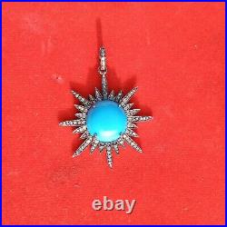 36mm Turquoise Gemstone Pendant, 925 Sterling Silver Pave Diamond Fine Jewelry 36mm Turquoise Gemstone Pendant, 925 Sterling Silver Pave Diamond Fine Jewelry