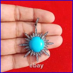 36mm Turquoise Gemstone Pendant, 925 Sterling Silver Pave Diamond Fine Jewelry 36mm Turquoise Gemstone Pendant, 925 Sterling Silver Pave Diamond Fine Jewelry