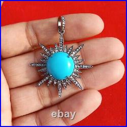 36mm Turquoise Gemstone Pendant, 925 Sterling Silver Pave Diamond Fine Jewelry 36mm Turquoise Gemstone Pendant, 925 Sterling Silver Pave Diamond Fine Jewelry