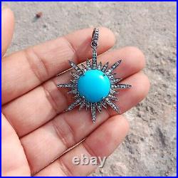 36mm Turquoise Gemstone Pendant, 925 Sterling Silver Pave Diamond Fine Jewelry 36mm Turquoise Gemstone Pendant, 925 Sterling Silver Pave Diamond Fine Jewelry