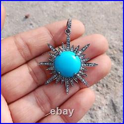 36mm Turquoise Gemstone Pendant, 925 Sterling Silver Pave Diamond Fine Jewelry 36mm Turquoise Gemstone Pendant, 925 Sterling Silver Pave Diamond Fine Jewelry