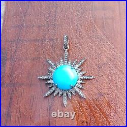 36mm Turquoise Gemstone Pendant, 925 Sterling Silver Pave Diamond Fine Jewelry 36mm Turquoise Gemstone Pendant, 925 Sterling Silver Pave Diamond Fine Jewelry