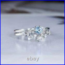 3CT Round Cut Aquamarine Bridal Set Pretty Engagement Ring 14K White Gold Finish