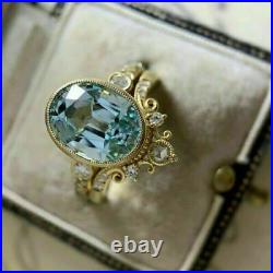 3Ct Oval Cut Blue Aquamarine Vintage Bridal Set Ring In 14k Yellow Gold Finish