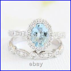 3.2Ct Oval Cut Simulated Aquamarine Bridal Set Ring 14K White Gold Plated Silver