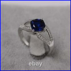 3.5Ct Cushion Cut Blue Sapphire Solitaire Engagement Ring 14K White Gold Finish