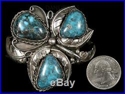 3 NATURAL BLUE DIAMOND TURQUOISE Vtg Navajo Handmade Silver CUFF Bracelet